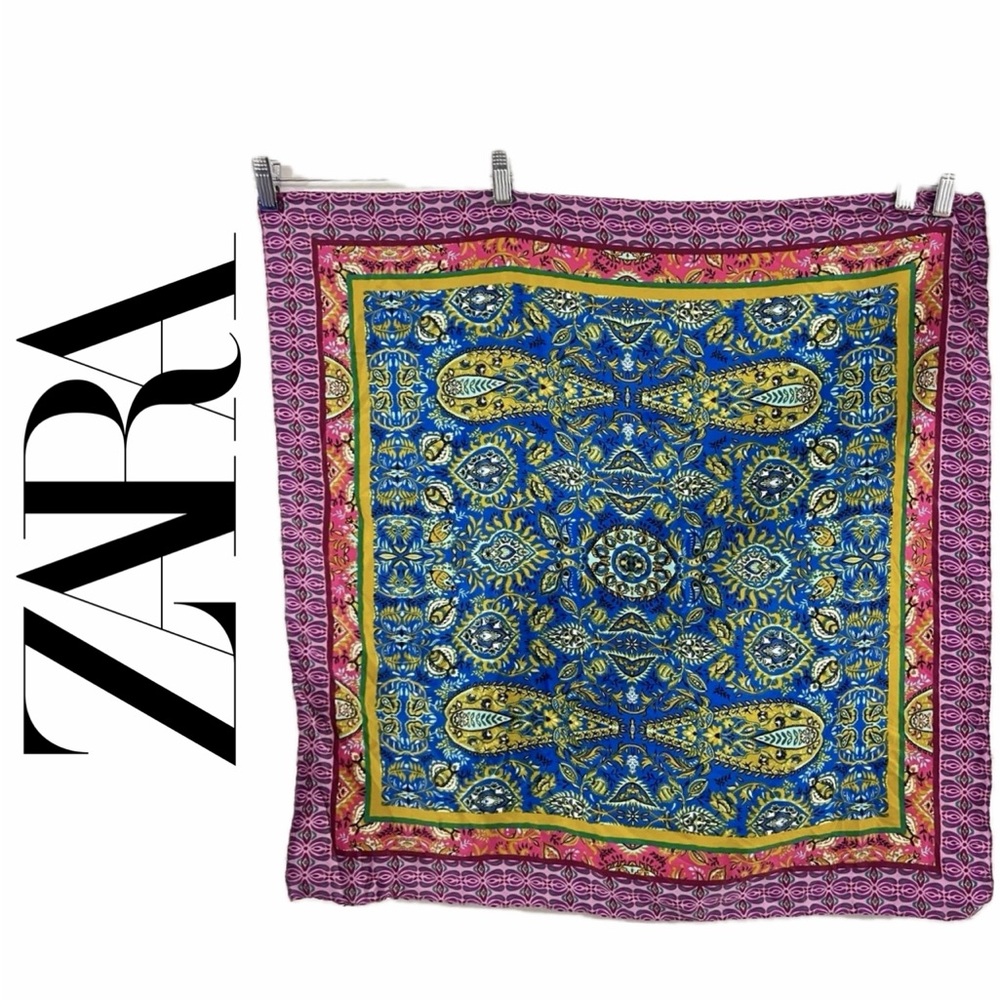 Zara Blue Scarf Paisley Pink Ornate 28’ Square Maximalism Gypsy Core